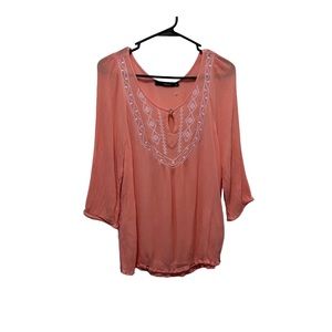 J Roberts Pink Embroidered Boho Brushed Cotton Peasant Keyhole Top Womens Size M
